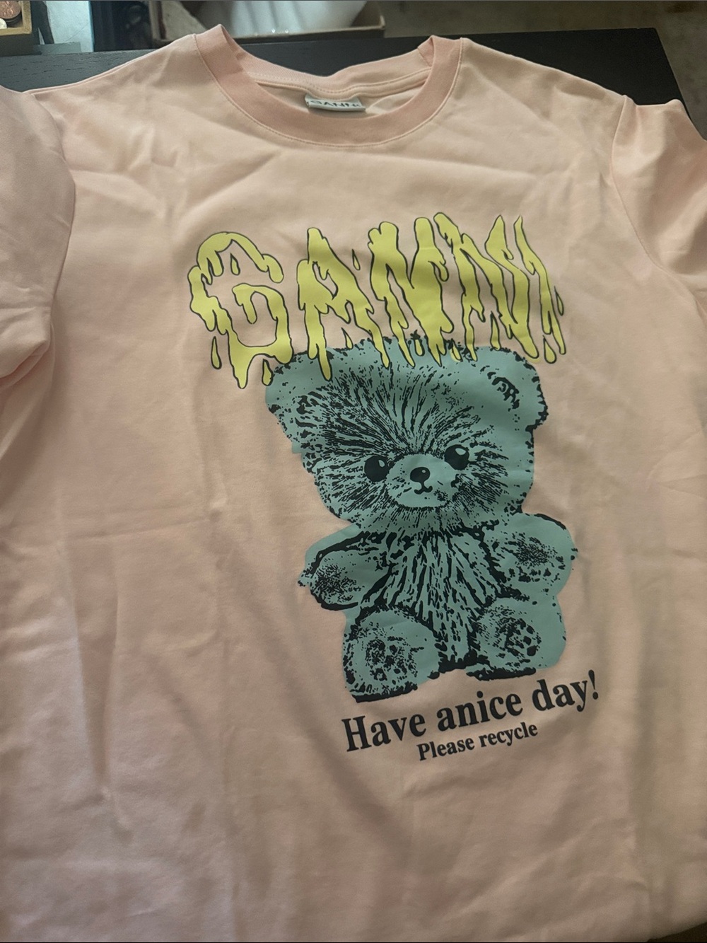 Ganni Pink Tee with Yellow Logo and Mint Teddy Graphic